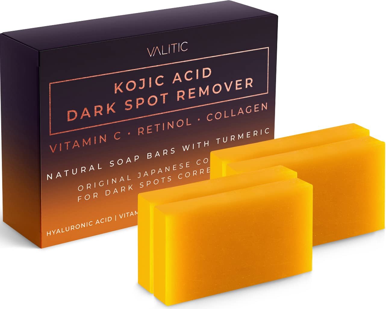 VALITIC Kojic Acid Soap for dark spot removal with Vitamin C, Retinol, and Collagen.