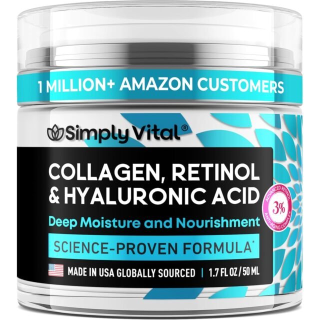SimplyVital Collagen, Retinol & Hyaluronic Acid Anti-Aging Cream – Deep Moisture, Firming Face & Neck Moisturizer – 1.7 fl.oz Made in USA