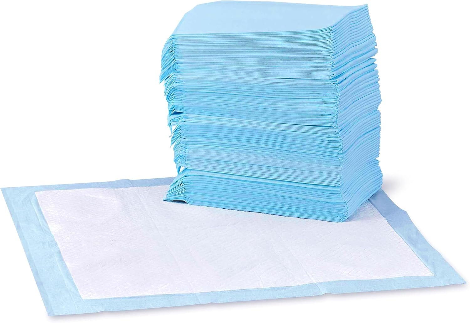 Stack of blue and white Basics Dog and Puppy Pee Pads, 5-layer leak-proof and super absorbent, for potty training dogs and puppies.