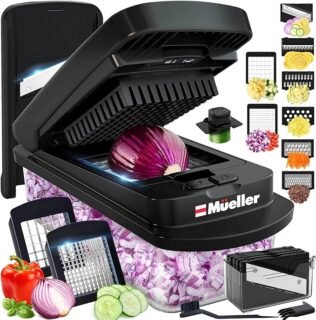 Mueller Pro-Series 10-in-1 Vegetable Chopper with 8 interchangeable blades, mandoline slicer, onion mincer, and built-in storage container.