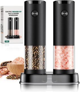 Electric Salt and Pepper Grinder Set with LED light, adjustable coarseness, large capacity, and modern black design – 2 pack with base.