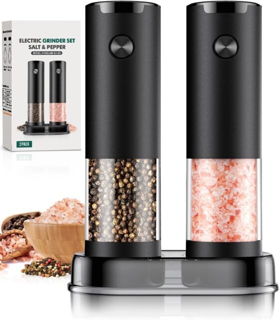 Electric Salt and Pepper Grinder Set with LED light, adjustable coarseness, large capacity, and modern black design – 2 pack with base.
