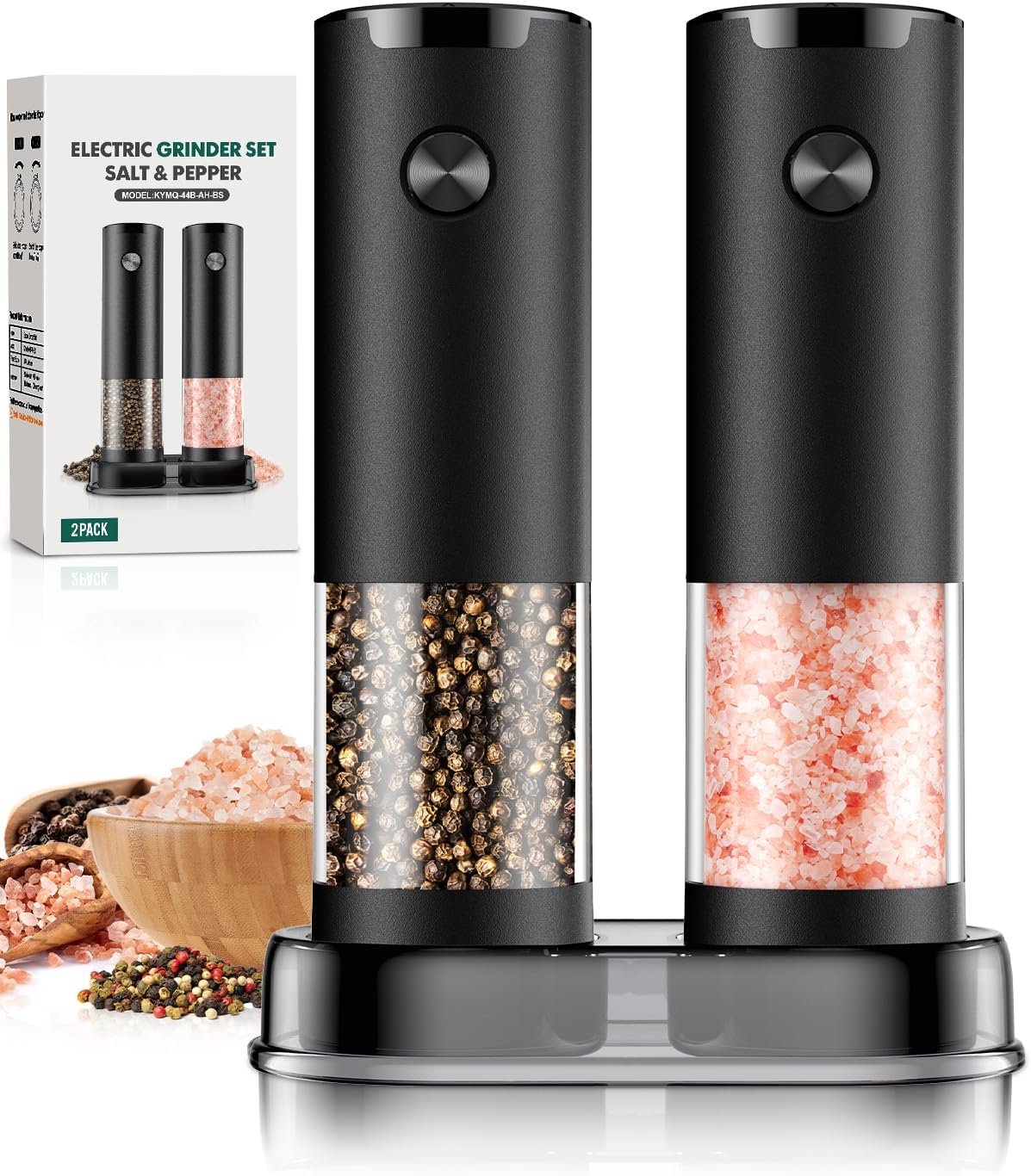 Electric Salt and Pepper Grinder Set with LED light, adjustable coarseness, large capacity, and modern black design – 2 pack with base.