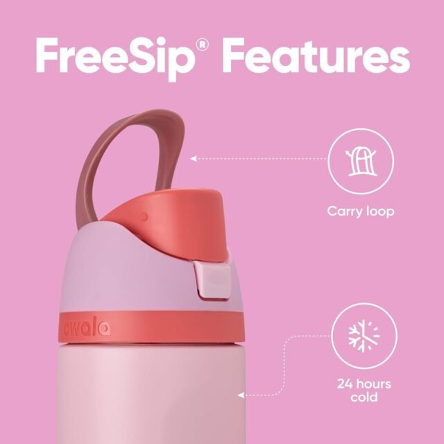Owala FreeSip Bottle with carry loop and insulation that keeps drinks cold for 24 hours.