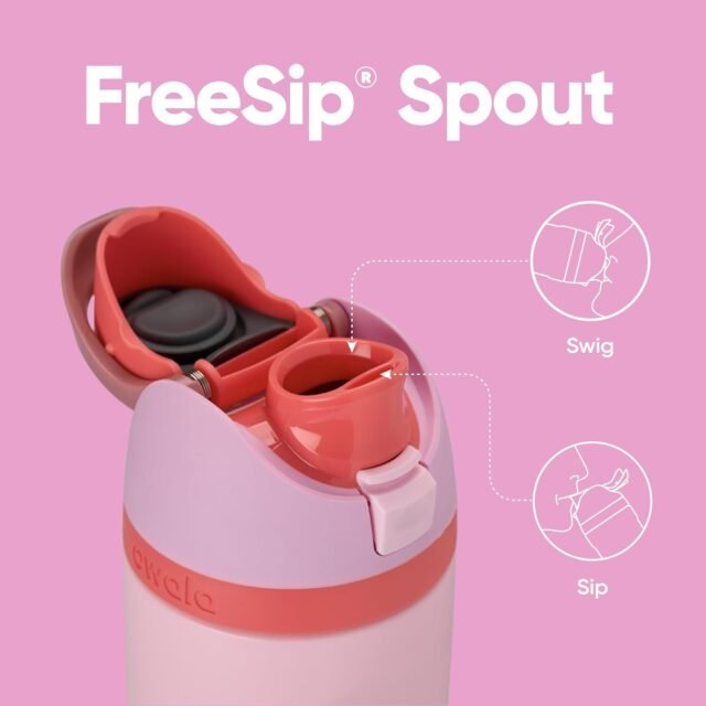 Owala FreeSip Insulated Stainless Steel Water Bottle with FreeSip spout showing sip and swig drinking options.