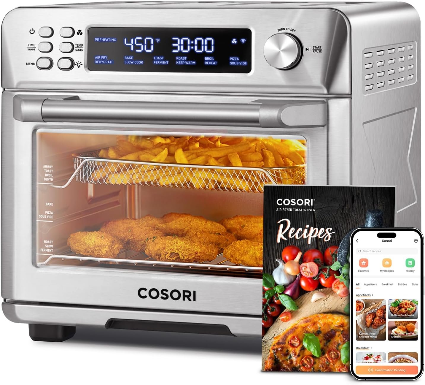 COSORI Smart 12-in-1 Air Fryer Toaster Oven Combo in stainless steel with fries and chicken cooking, recipe book, and mobile app displayed.