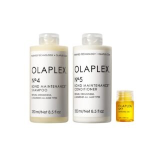 Olaplex Hair Care Trio featuring No.4 Bond Maintenance Shampoo, No.5 Bond Maintenance Conditioner, and No.7 Bonding Oil.