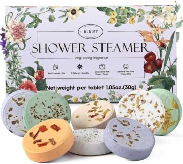 Colorful box of BLRIET Shower Steamers with eight round, petal-decorated tablets displayed in front, each representing a different scent