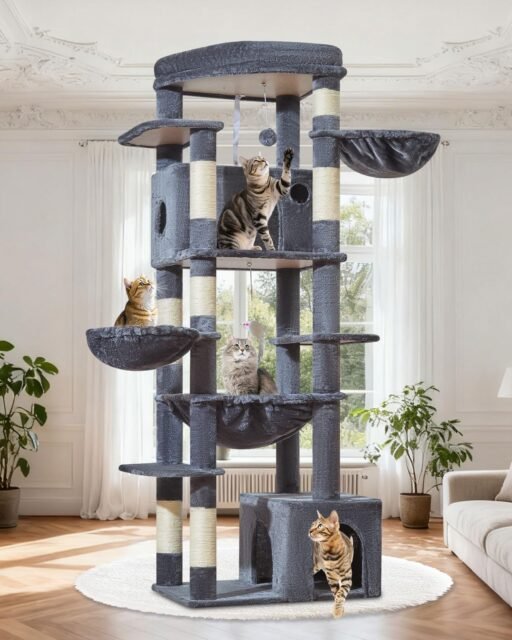 Five cats playing and lounging on a large multi-level cat tree in a bright, elegant living room.