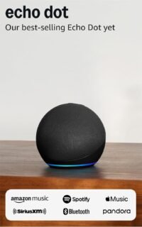 Echo Dot smart speaker with glowing blue ring, displayed on a wooden surface alongside streaming service logos.