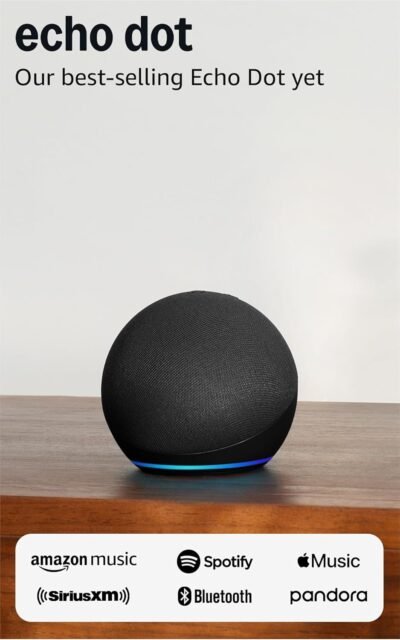 Echo Dot smart speaker with glowing blue ring, displayed on a wooden surface alongside streaming service logos.